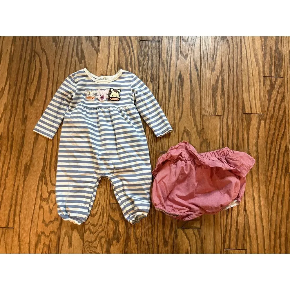 Stitchy Fish Onsie 18M Farm Animal Romper Blue‎ Stripe Long Sleeve  and Bloomers